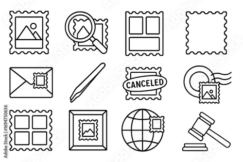 Stamp Collectibles Icons. Line style icons of stamp collectibles: vintage stamp, magnifying lens on stamp, album page, perforated