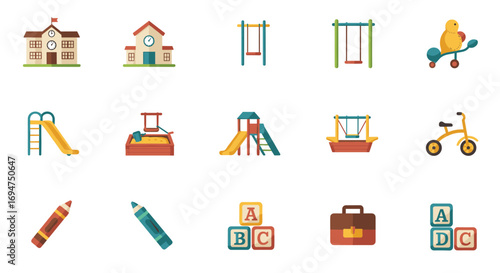 Colorful school and playground icons for early childhood education design