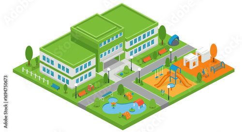 Isometric school playground with modern building and recreational equipment