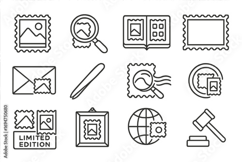 Stamp Collectibles Icons. Line style icons of stamp collectibles: vintage stamp, magnifying lens on stamp, album page, perforated