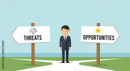 A businessman standing at a crossroads must make a strategic choice between a path of threats and one of future opportunities