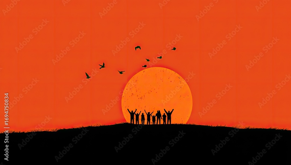 Naklejka premium Silhouette figures at sunset