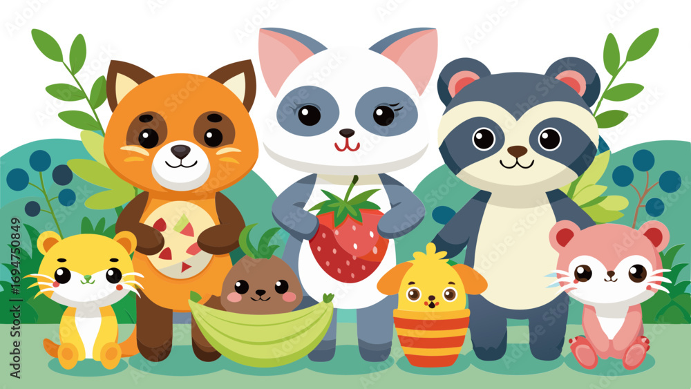 Obraz premium vector graphics, bushes, animals, fruits, berries, flowers, beavers, cats, squirrels, bugs, raccoons, chanterelles, frogs, birds, worms, clouds, banner, advertising, juices, children's, cartoon, natur