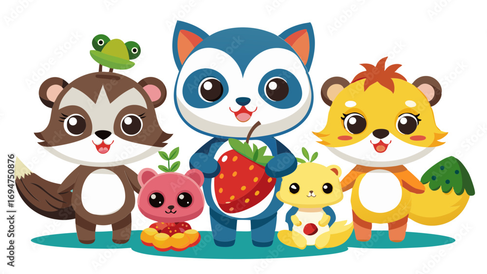 Fototapeta premium vector graphics, bushes, animals, fruits, berries, flowers, beavers, cats, squirrels, bugs, raccoons, chanterelles, frogs, birds, worms, clouds, banner, advertising, juices, children's, cartoon, natur