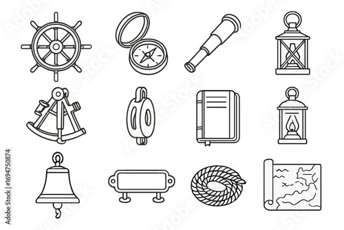 Antique Maritime Icons. Line style icons of antique maritime items: ship’s wheel, compass housing, brass telescope, anchor chain;