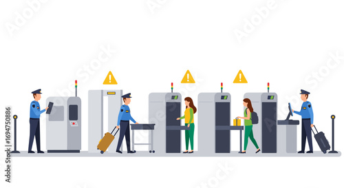 Airport security checkpoint with uniformed officers and passengers passing through scanners
