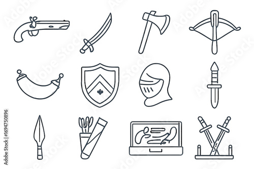 Antique Weapon Icons. Line style icons of antique weaponry: flintlock pistol, sabre silhouette, battle axe, crossbow; powder horn,