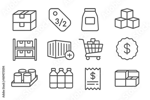 Bulk Deal Icons. Line style icons of bulk deals: multi-pack box, “3 for 2” tag, big bag with label, stacked goods; warehouse shelf
