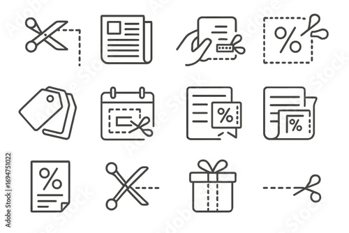 Coupon Clipping Icons. Line style icons of coupon clipping: scissors with paper edge, newspaper sheet, coupon collection, folding