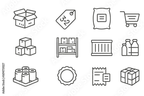 Bulk Deal Icons. Line style icons of bulk deals: multi-pack box, “3 for 2” tag, big bag with label, stacked goods; warehouse shelf