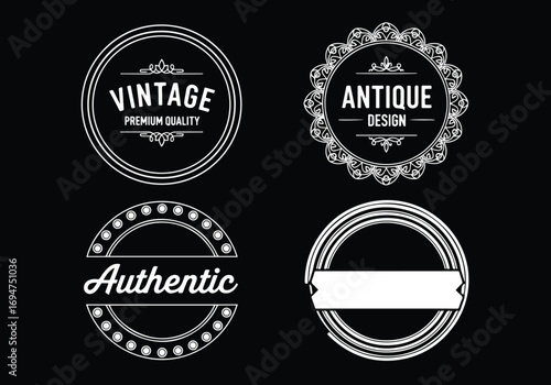 Set of vintage black and white premium quality logos with ornate frames, circular badge designs, and elegant typography, perfect for luxury branding, packaging, handcrafted products, and antique style