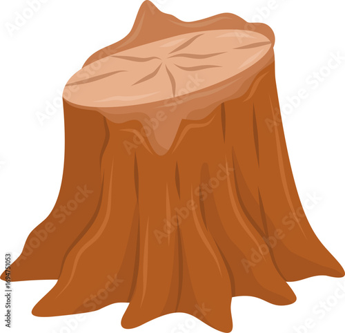 Isolated Brown Tree Stump with Visible Growth Rings, Cartoon Style.