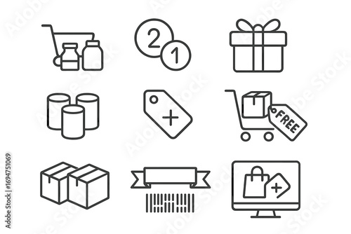 Bundle Bargain Icons. Line style icons of bundle bargains: product combo, “2-in-1” icon, tied package, labeled box; grouped items,