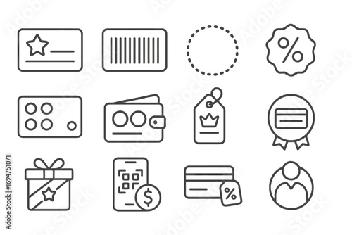 Loyalty Reward Icons. Line style icons of loyalty discounts: loyalty card with star, barcode reward, points circle, badge with