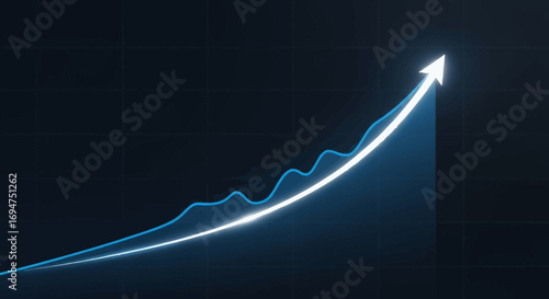Dynamic upward trajectory of an illuminated blue line graph on a dark background, symbolizing business growth, financial success, market expansion, and positive economic progress