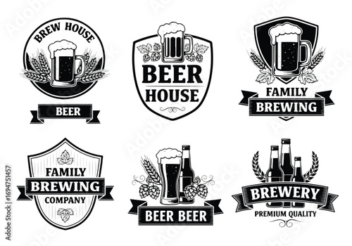 Set of vintage black and white brewery logos with beer mugs, bottles, hops, and wheat, designed as retro badges and emblems perfect for pubs, craft beer branding, and bar promotions