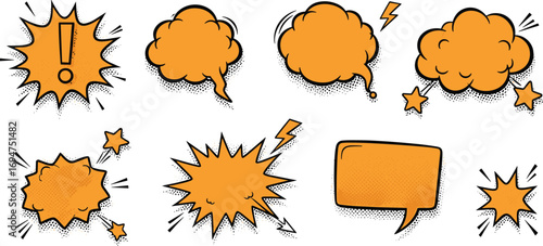 Comic Book Speech Bubbles and Explosion Effects Orange Design Elements