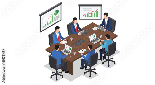 Business meeting illustration: isometric office scenario with team analyzing data charts and graphs