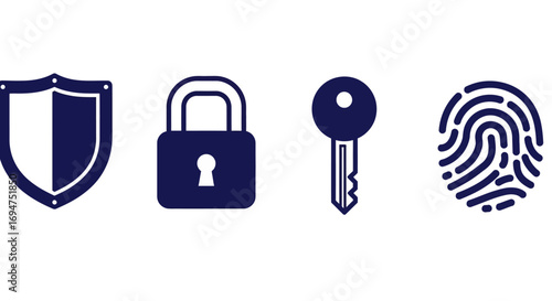 Security Icons Set Shield, Padlock, Key, and Fingerprint Symbolizing Protection and Access