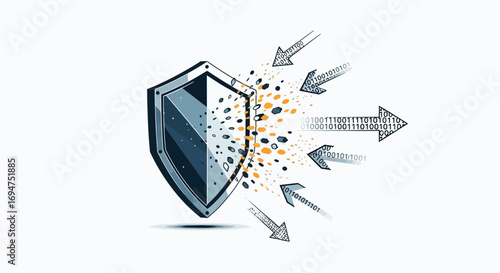 Abstract illustration of a robust shield symbolizing digital security and data protection against external threats and cyber attacks, demonstrating resilience and secure infrastructure