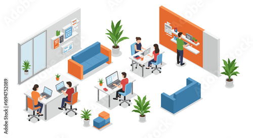 Modern office layout with team collaboration in isometric design