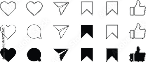 Social media icons in a minimalist line art and silhouette style on a white background