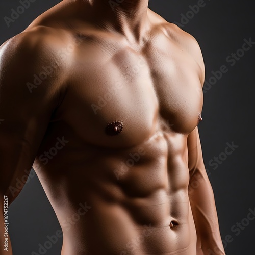 Close-up view of a muscular male torso, showcasing defined abdominal and pectoral muscles against a dark background.  The lighting highlights the sculpted physique and creates a strong visual impact.