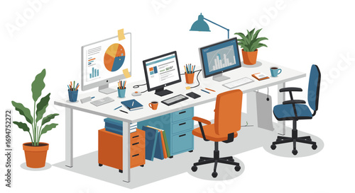 Modern office workspace with computers and plants in isometric style