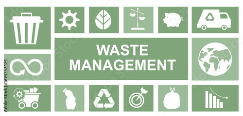 Waste Management Icon Grid Green Background. Waste management infographic with white icons on green tiles representing waste business strategy. Corporate sustainability leadership. Vector illustration