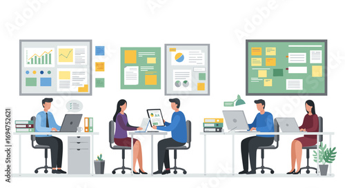 Modern office workspace with diverse team collaborating