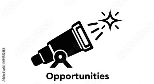 A simple black icon of a telescope pointing towards a shining star, symbolizing the search for new opportunities, future vision, and discovery