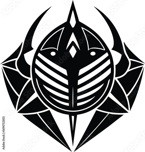 Vector art of abstract black tribal emblem or crest with geometric patterns and sharp edges, isolated on a, suggesting strength and protection