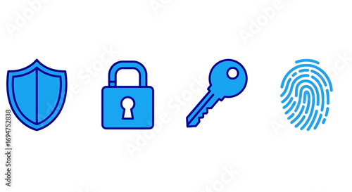 A collection of security and authentication icons featuring a shield, padlock, key, and fingerprint for digital data protection concepts