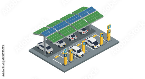 Isometric solar powered electric car charging station with multiple vehicles