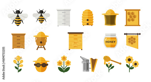 Flat design beekeeping icons: bees, hives, honey jars, and flowers for apiculture concepts