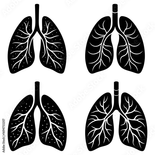 Illustration showing four lungs with different vein patterns in black and white color scheme design element