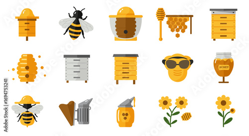 Beekeeping icons with bees, hives, and honey elements in flat design