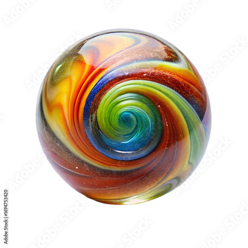 A vibrant, swirling glass marble with iridescent colors and glitter, isolated on a transparent background, showcasing intricate patterns and a mesmerizing spiral design