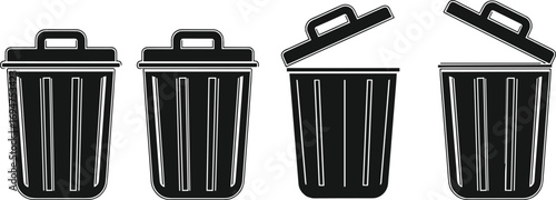Collection of simple garbage bin vector icons. Black silhouette of a dustbin with open and closed lid, used as a delete or remove symbol