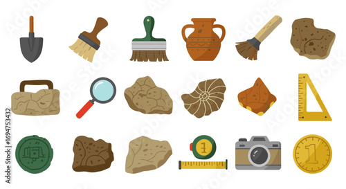Archaeology tools and artifacts set in flat design