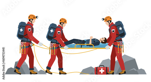 Mountain rescue team carrying injured hiker on stretcher in safety gear