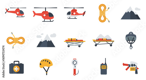 Emergency rescue equipment icons: helicopter, medical kit, climbing gear in flat design