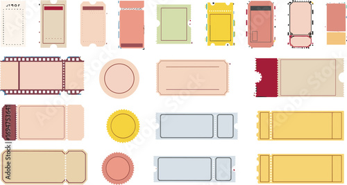 Set of vector illustrations with various ticket designs and shapes, perfect for events and entry