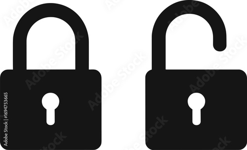A set of simple black vector icons showing a locked and unlocked padlock, symbolizing concepts of security, privacy, and access