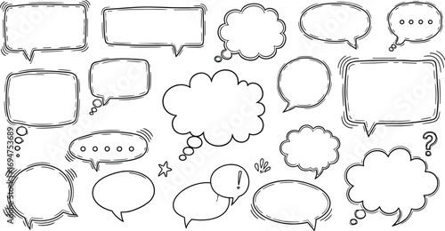 Vector set of hand-drawn comic book speech bubbles. Doodle style dialogue and thought balloons for graphic design and communication concepts