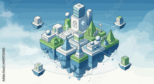 Futuristic isometric smart city floating in the clouds, representing concepts of cloud computing, data security, and global network infrastructure