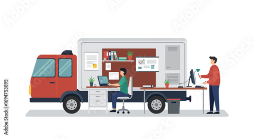 Mobile office concept with people working in a truck