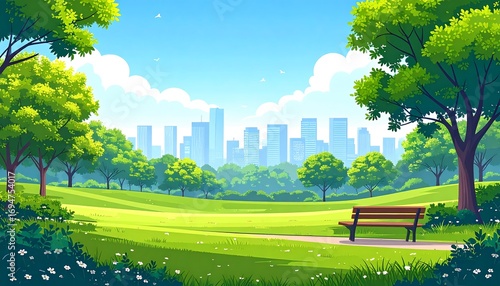 Fototapeta Naklejka Na Ścianę i Meble -  Lush park scene with cityscape view