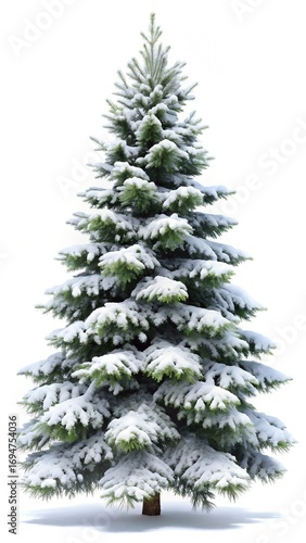 A tall, snowcovered evergreen christmas tree standing majestically, isolated on a white background