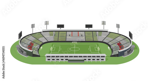 Modern isometric soccer stadium with seating and field details